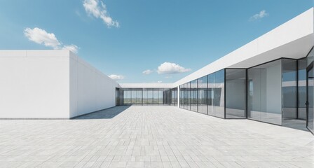 Fototapeta premium Modern minimalist courtyard with white walls, glass doors, and a clear blue sky
