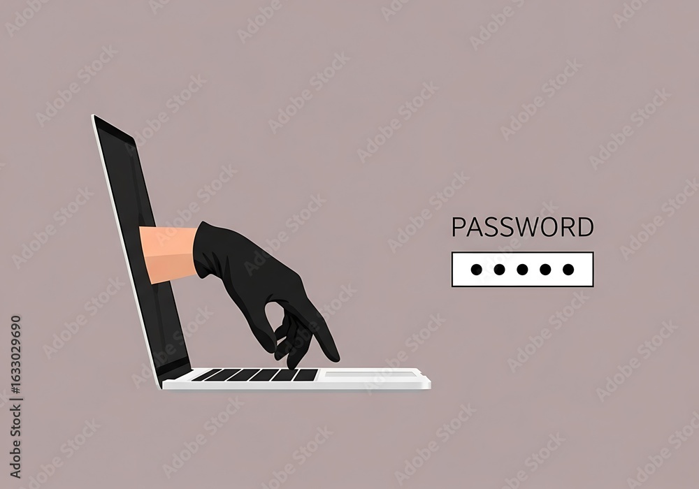 Aufkleber a gloved hand emerges from a laptop screen reaching to type on the keyboard next to a password entry