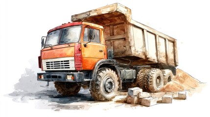 Obraz premium Watercolor illustration of a vintage dump truck
