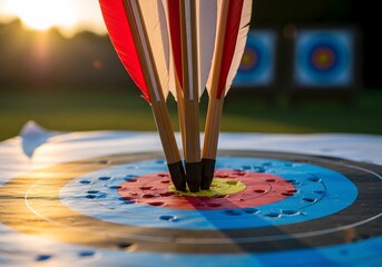 Fototapeta premium Three arrows with red and white fletching embedded in a target archery sport