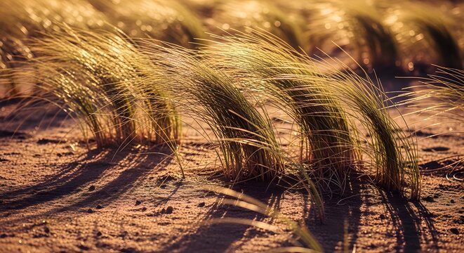 Tall green grass blades swaying in warm golden sunlight on sandy ground nature