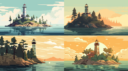 Collection of four digital illustrations showcasing serene coastal islands with lighthouses