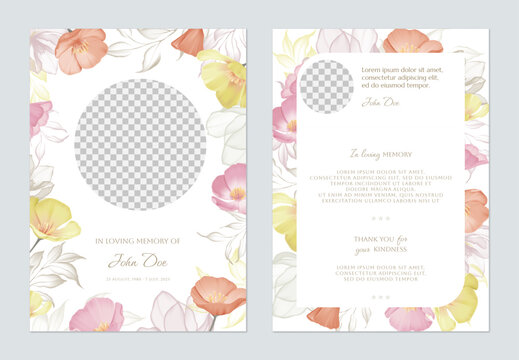 Floral memorial card template, featuring colorful California Poppy flowers along with translucent leaves frame on a solid white background