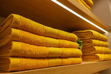 Industrial Fabric Cutting – Textile Manufacturing Process, Stack of Folded Towels – Soft Bath...