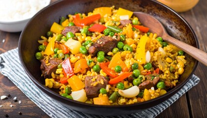 Colorful Beef Stir-Fry with Peppers and Peas Served in a Rustic Bowl, Delicious Meal with Mixed Vegetables and Tender Beef Cubes on a Wooden Table