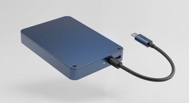 Sleek Blue Portable External Hard Drive with USB-C Cable Displayed on a Clean White Background for E-commerce
