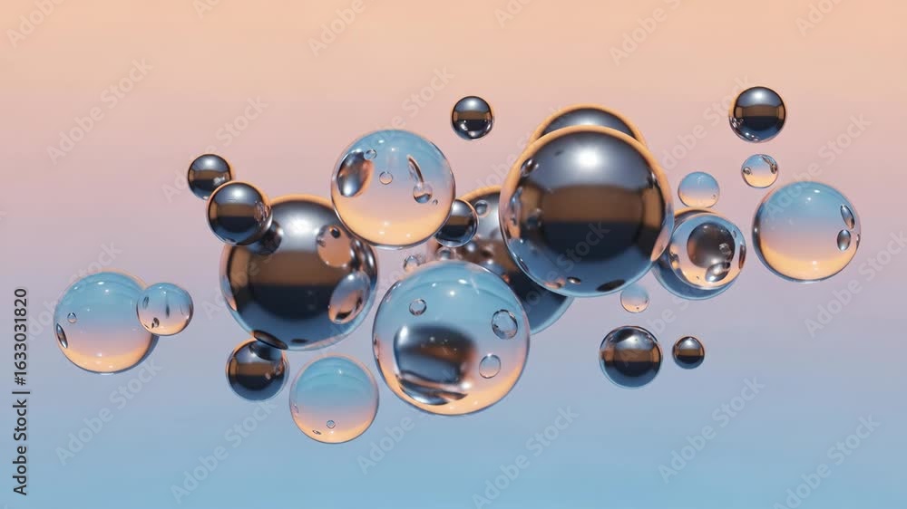 Poster a cluster of reflective spheres in varying sizes, some with a blue tint, floating against a soft gra