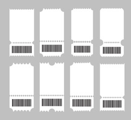 Set of blank printable coupon templates with barcode, isolated on background. Coupon book, gift voucher set icon in vector illustration. Vector illustration