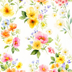 Colorful Yellow and Pink Wildflower Seamless Watercolor Pattern