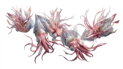 Several squid, various poses, detailed illustration