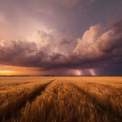 Golden wheat field under dramatic thunderstorm clouds with visible lightning strikes during sunset