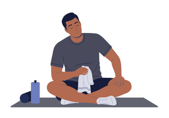 Relaxed Man Resting After Workout Holding Towel.