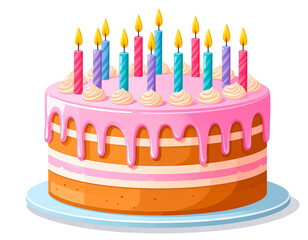  Single-Layer Birthday Cake with Dripping Icing and Lit Candles, Top-Down Flat Design, isolated