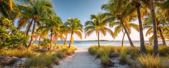Tropical beach path lined with palm trees at sunrise