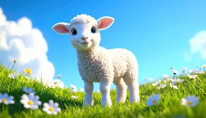 Fototapeta premium A cheerful cartoon lamb frolics in a sunny field of daisies,Cartoon lamb standing proudly in a vibrant meadow under a bright blue sky