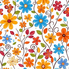 Colorful Floral Pattern with Bright Flowers and Curving Stems