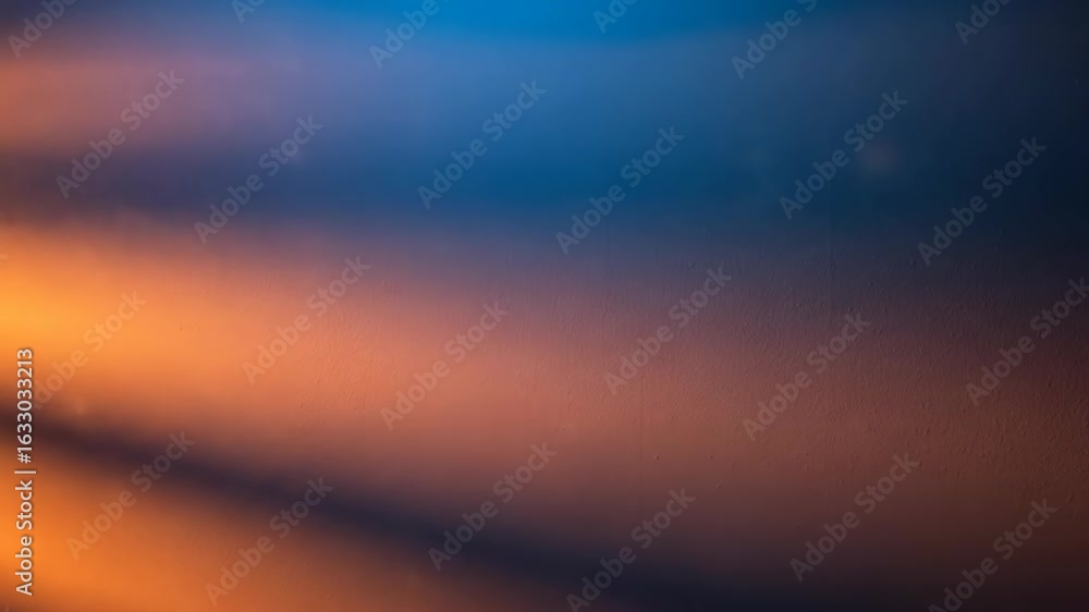 Poster abstract composition of vibrant orange and blue colors, creating a gradient and textured effect.
