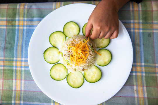 Steamed Rice with Shredded Cheese and Cucumber Garnish &ndash; Colorful Plated Meal on Plaid Tablecloth and a hand touching the meal 
