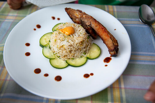 Grilled Meat-pork rib with Rice and Cucumber Garnish &ndash; Colorful Plated Meal on Plaid Tablecloth