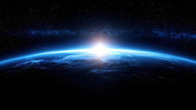 Glowing blue Earth with cosmic sunrise against starry black space, high-resolution astronomy template for educational materials and sci-fi visuals.