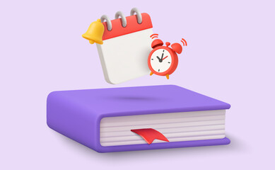 3d book with calendar and ringing alarm, isolated on white background. Time to study with book pile and alarm icon in 3d vector illustration. Vector illustration