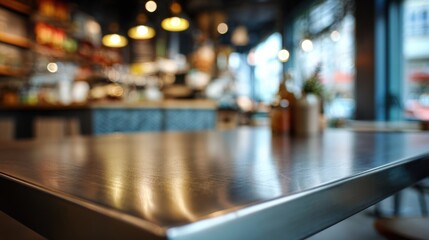 A blurred interior scene of a cafe or restaurant with a reflective table in the foreground, inviting a sense of warmth.