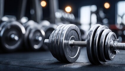 Fototapeta premium Metal dumbbells on gym floor