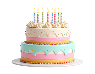  Three-Tier Birthday Cake with Colorful Candles and Confetti, Front View, 3D Illustration, isolated