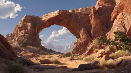 Red rock arch frames distant mountains under a bright, partly cloudy sky