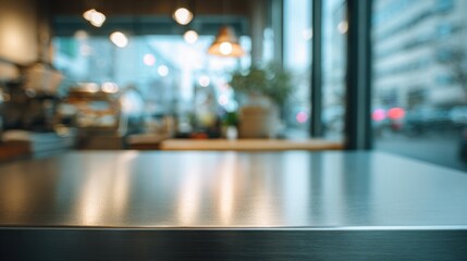 A blurred view of a cafe interior featuring a reflective metallic in the foreground with soft lighting and a window.