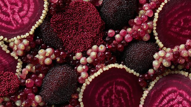 Close-up view of red beets, tiny pearls, and berries create a vibrant culinary mosaic
