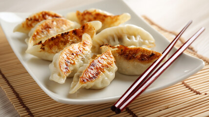 Pan fried dumplings on white plate with chopsticks