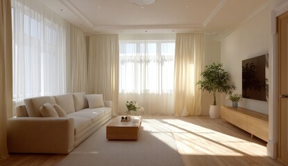 Sunlit living room showcases a serene and bright interior with soft textures and a minimalist design creating a calming atmosphere.