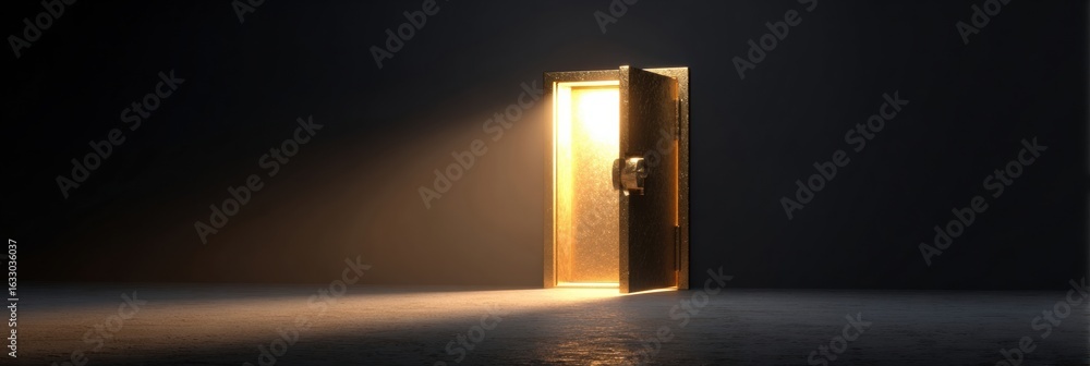 Aufkleber mysterious door illuminated by light in a dark space creating an intriguing atmosphere of possibilit