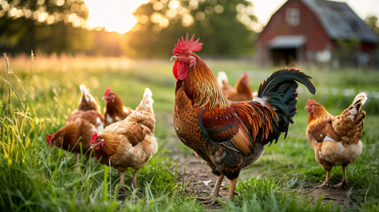 Fototapeta premium Majestic rooster leads flock in sun-drenched farmyard, capturing idyllic rural charm and natural beauty.