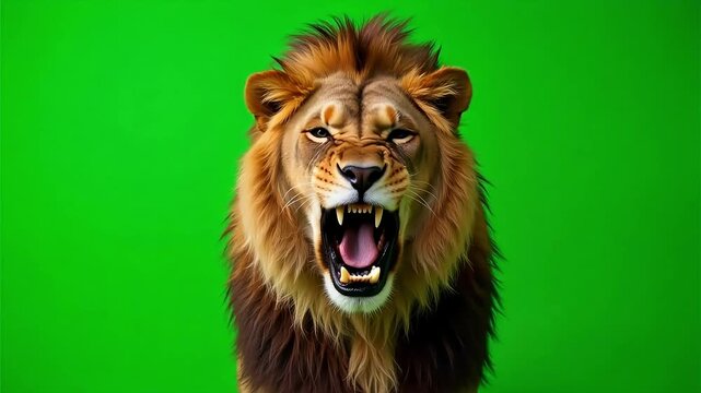 Majestic lion roars powerfully, showcasing sharp teeth and vibrant mane against a striking green backdrop