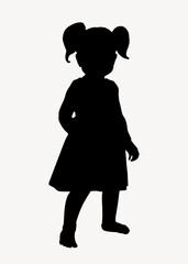 Girl with ponytails silhouette clipart, toddler, full body illustration