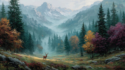 A regal deer stands among vibrant autumn foliage, backed by misty mountains and tranquil surroundings -