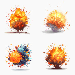 Collection of four different explosion effects, displayed in a grid. Each explosion is depicted with various shades of orange, yellow, blue, and darker tones.