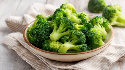 Fresh broccoli florets in bowl on striped cloth, showcasing vibrant green color