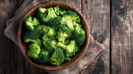 Fresh broccoli florets in wooden bowl on rustic wooden table