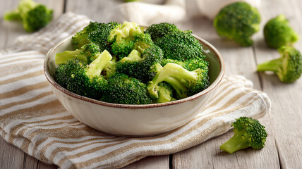 Freshly steamed broccoli in ceramic bowl on striped cloth, placed on rustic wooden table