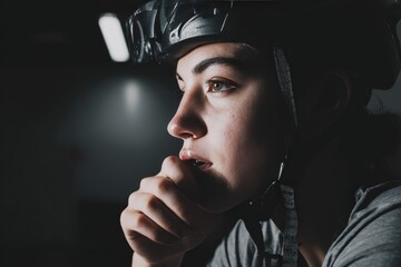 Thoughtful Young Woman Cyclist in Helmet Contemplating Next Move in Low Light Setting for Sports and Lifestyle Inspiration