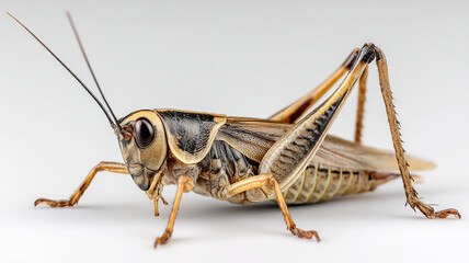 Close up of cricket with detailed features, showcasing its antennae, legs, and body structure