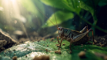 Close up of cricket on leaf, illuminated by sunlight in natural forest setting