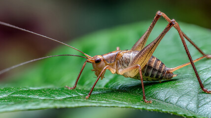 Close up of cricket on green leaf, showcasing its detailed body and antennae in natural setting