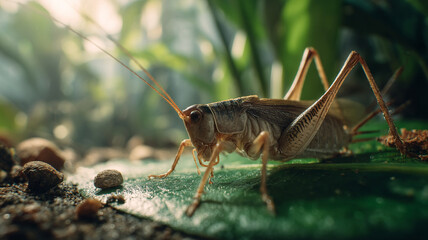 Close up of cricket green leaf natural environment, with soft sunlight and blurred background