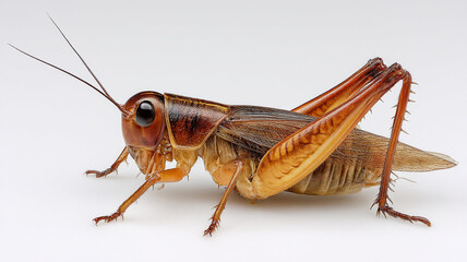 Close up of brown cricket with detailed texture on its body and legs, isolated on white