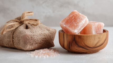 Himalayan salt blocks in wooden bowl with burlap sack and loose salt on textured surface