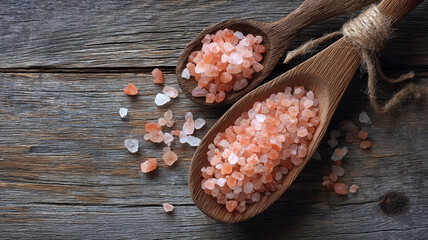 Pink Himalayan salt crystals in wooden spoons on rustic wooden background